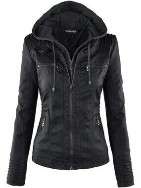 Women's Black Hooded Faux Leather Long Sleeve Zipper Motorcycle Jacket
